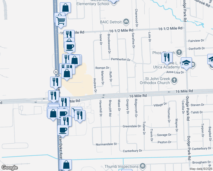 map of restaurants, bars, coffee shops, grocery stores, and more near 8804 Briggs Drive in Sterling Heights