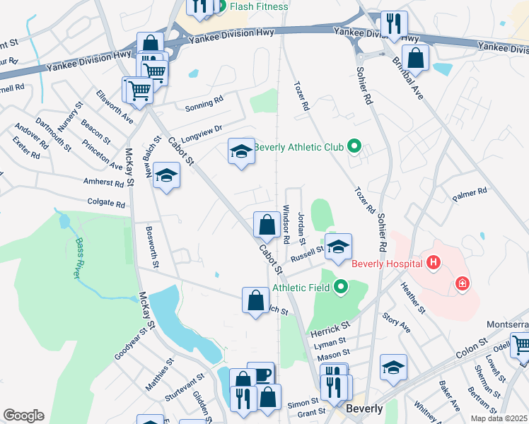 map of restaurants, bars, coffee shops, grocery stores, and more near 15 Roosevelt Avenue in Beverly
