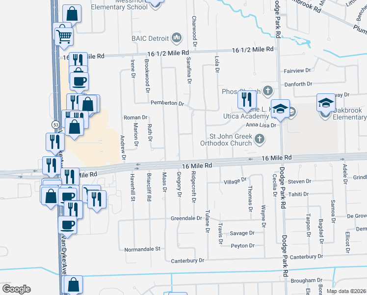 map of restaurants, bars, coffee shops, grocery stores, and more near 37052 Gregory Drive in Sterling Heights