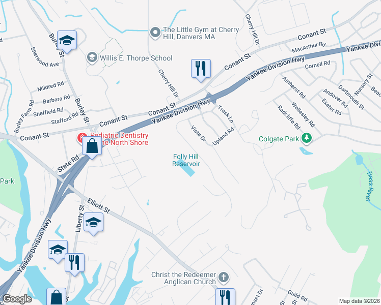 map of restaurants, bars, coffee shops, grocery stores, and more near 9 Overlook Drive in Danvers
