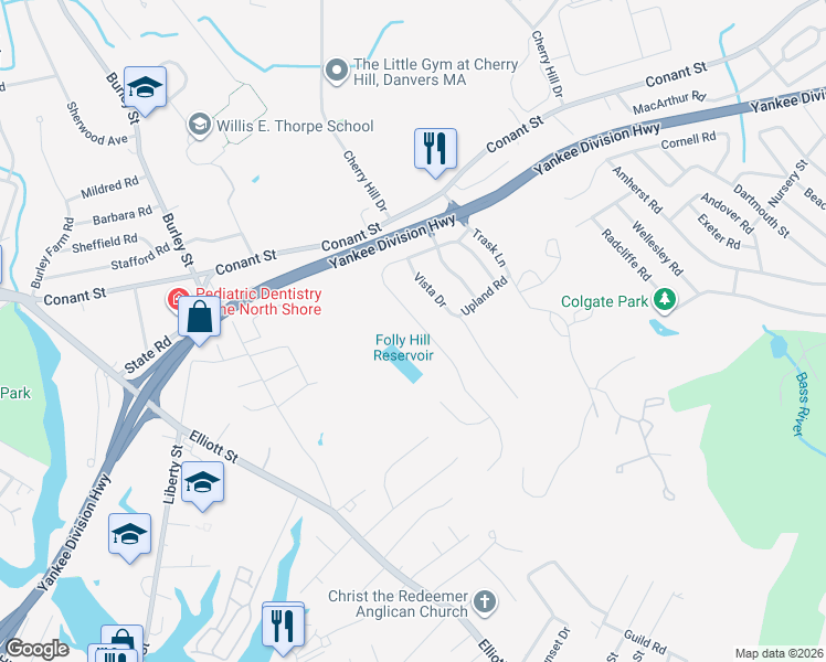 map of restaurants, bars, coffee shops, grocery stores, and more near 9 Overlook Drive in Danvers