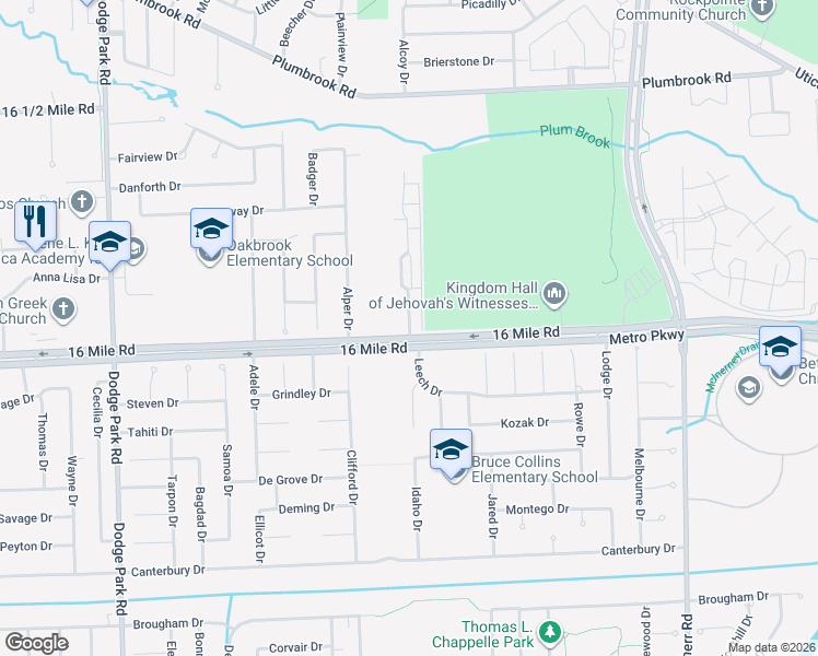 map of restaurants, bars, coffee shops, grocery stores, and more near 12723 16 Mile Road in Sterling Heights