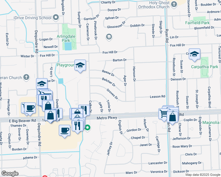 map of restaurants, bars, coffee shops, grocery stores, and more near 2944 Groves Drive in Sterling Heights
