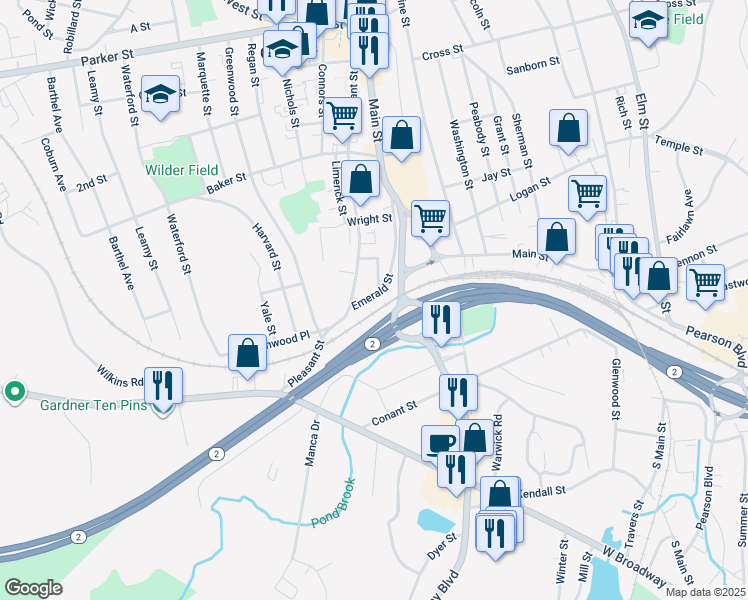 map of restaurants, bars, coffee shops, grocery stores, and more near 117 Emerald Street in Gardner