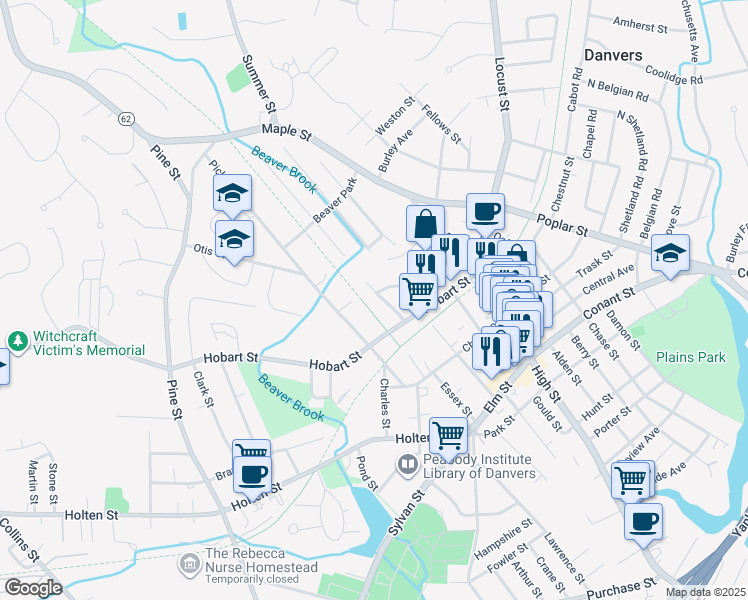 map of restaurants, bars, coffee shops, grocery stores, and more near 12 Andrews Street in Danvers