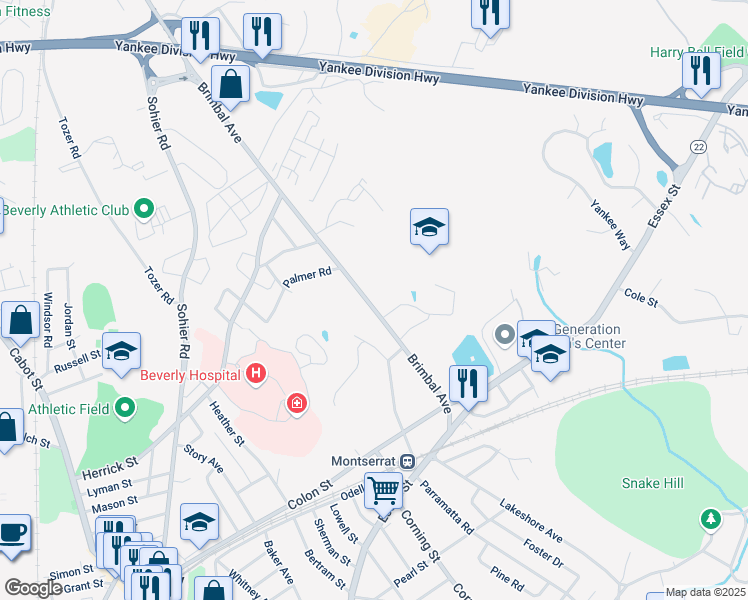 map of restaurants, bars, coffee shops, grocery stores, and more near 43 Brimbal Avenue in Beverly