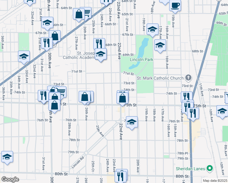 map of restaurants, bars, coffee shops, grocery stores, and more near 7336 23rd Avenue in Kenosha