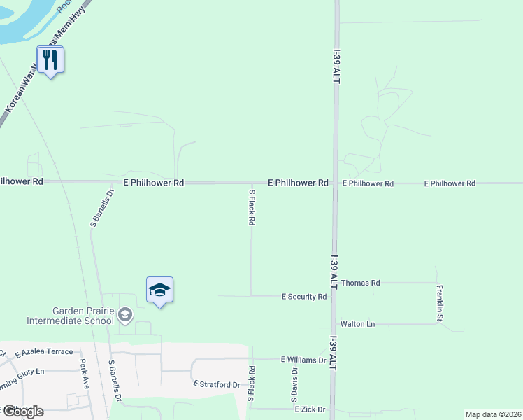 map of restaurants, bars, coffee shops, grocery stores, and more near 3441 South Flack Road in Beloit