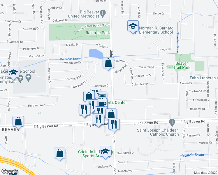 map of restaurants, bars, coffee shops, grocery stores, and more near 1950 Crimson Drive in Troy