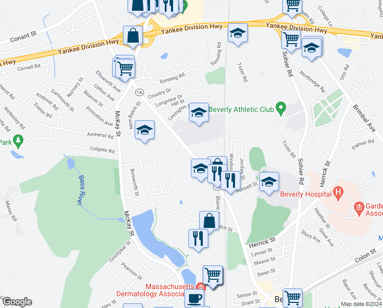 map of restaurants, bars, coffee shops, grocery stores, and more near 2 Auburn Road in Beverly