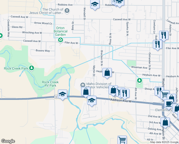 map of restaurants, bars, coffee shops, grocery stores, and more near Clouchek Avenue in Twin Falls