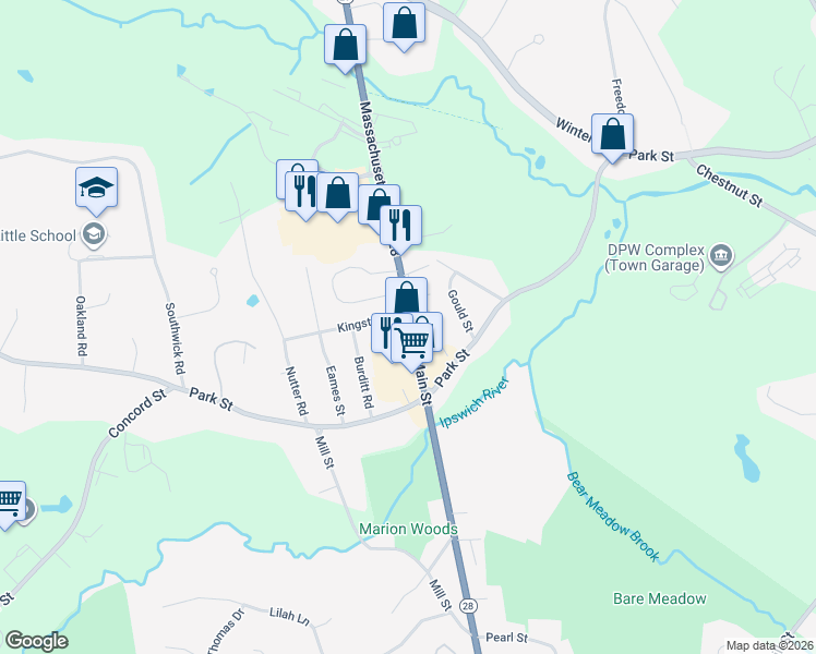 map of restaurants, bars, coffee shops, grocery stores, and more near 24 Main Street in North Reading