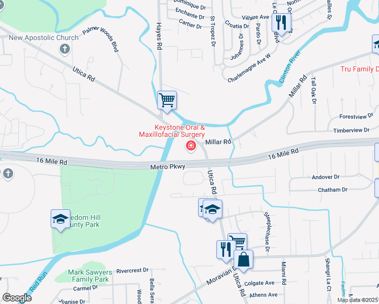 map of restaurants, bars, coffee shops, grocery stores, and more near Metropolitan Parkway in Charter Township of Clinton