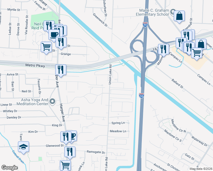 map of restaurants, bars, coffee shops, grocery stores, and more near 24551 Eastwood Village Drive in Clinton Township