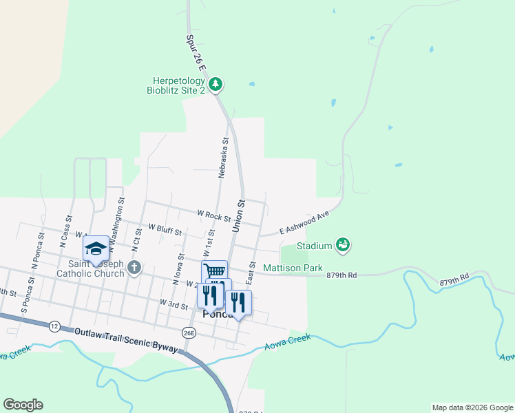 map of restaurants, bars, coffee shops, grocery stores, and more near 107 East Rock Street in Ponca