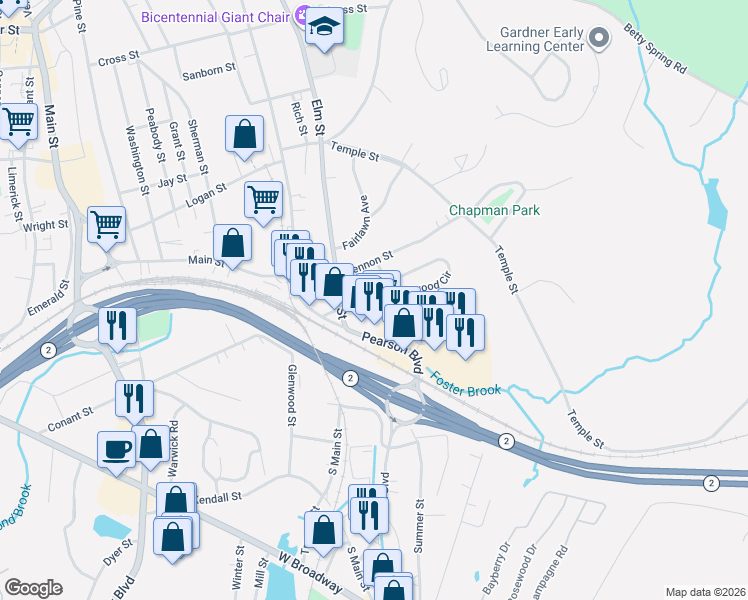 map of restaurants, bars, coffee shops, grocery stores, and more near 386 Elm Street in Gardner
