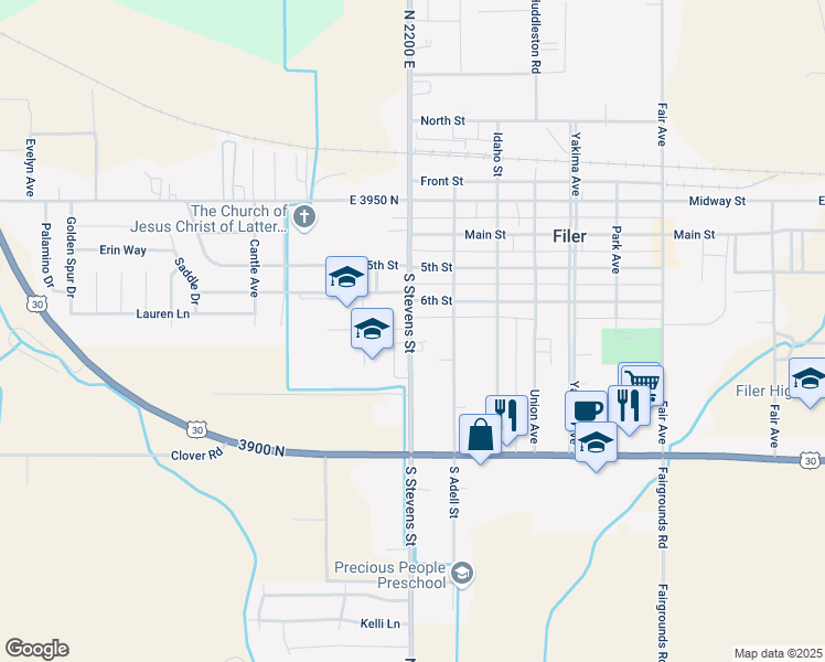 map of restaurants, bars, coffee shops, grocery stores, and more near 701 Stevens Avenue in Filer