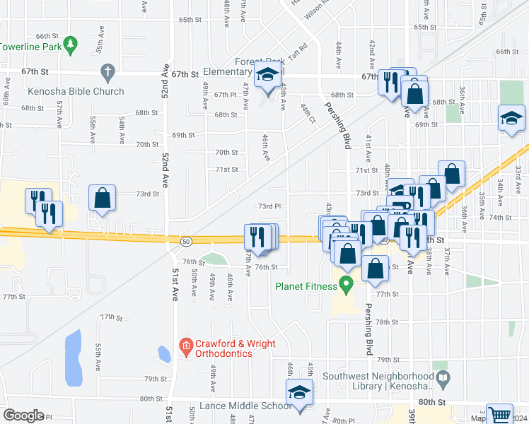 map of restaurants, bars, coffee shops, grocery stores, and more near 4609 73rd Place in Kenosha