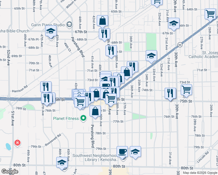map of restaurants, bars, coffee shops, grocery stores, and more near 3810 Roosevelt Road in Kenosha