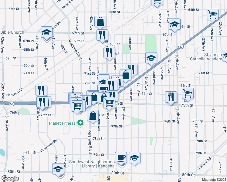 map of restaurants, bars, coffee shops, grocery stores, and more near 3810 Roosevelt Road in Kenosha