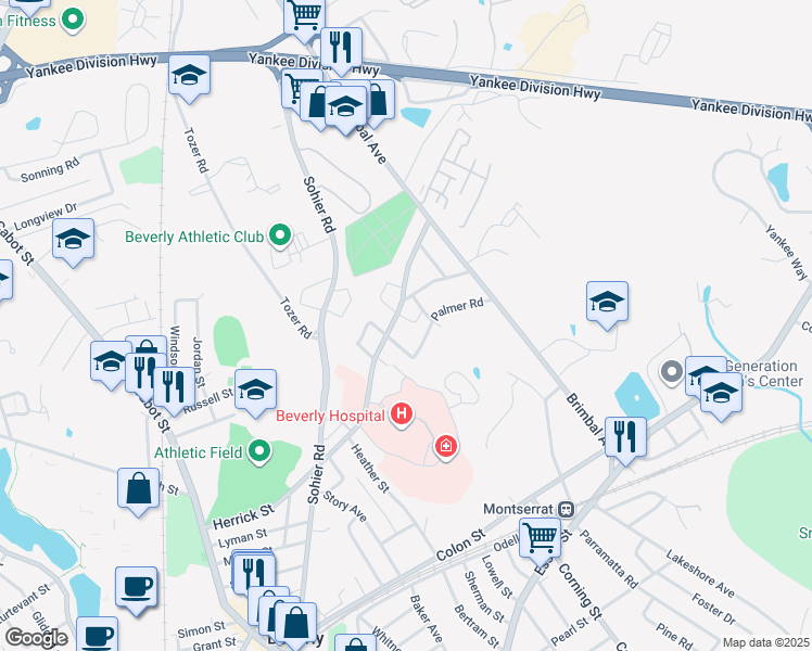 map of restaurants, bars, coffee shops, grocery stores, and more near 24 Ridgewood Terrace in Beverly