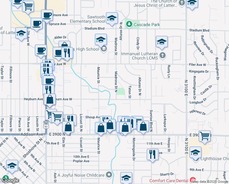map of restaurants, bars, coffee shops, grocery stores, and more near 341 Madrona Street North in Twin Falls