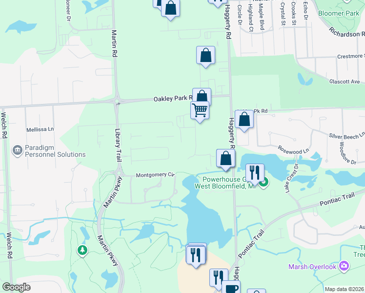 map of restaurants, bars, coffee shops, grocery stores, and more near 3141 Old Farm Lane in Commerce Charter Township