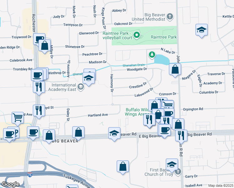 map of restaurants, bars, coffee shops, grocery stores, and more near 1580 Lakewood Drive in Troy