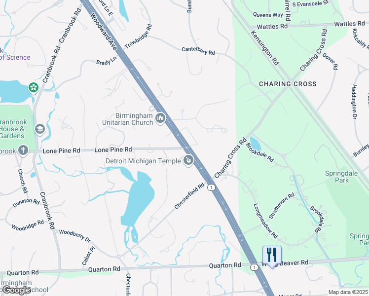 map of restaurants, bars, coffee shops, grocery stores, and more near 1 Lone Pine Road in Bloomfield Hills