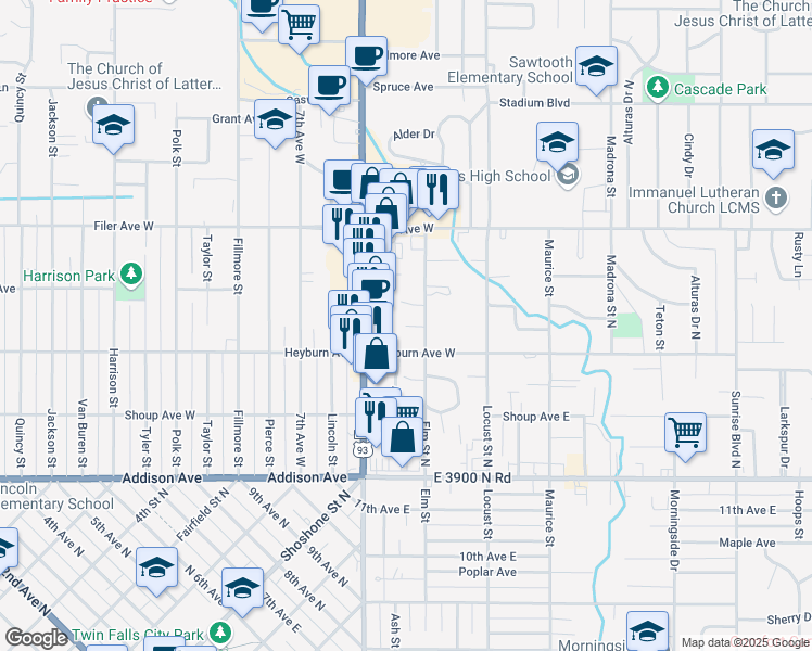 map of restaurants, bars, coffee shops, grocery stores, and more near 1205 Heyburn Ave E in Twin Falls