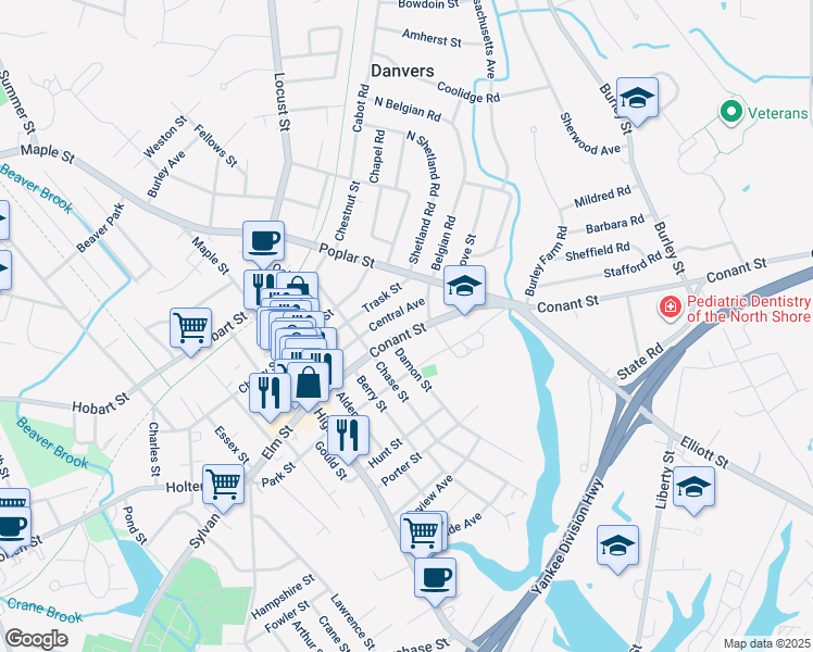 map of restaurants, bars, coffee shops, grocery stores, and more near 35 Conant Street in Danvers