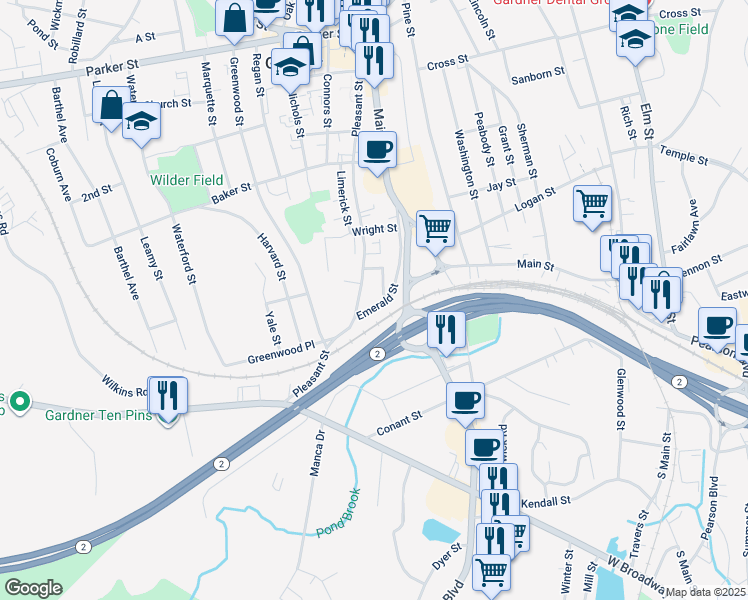 map of restaurants, bars, coffee shops, grocery stores, and more near 117 Emerald Street in Gardner