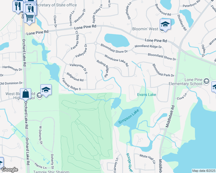 map of restaurants, bars, coffee shops, grocery stores, and more near 4932 Fairway Ridge Circle in West Bloomfield Township