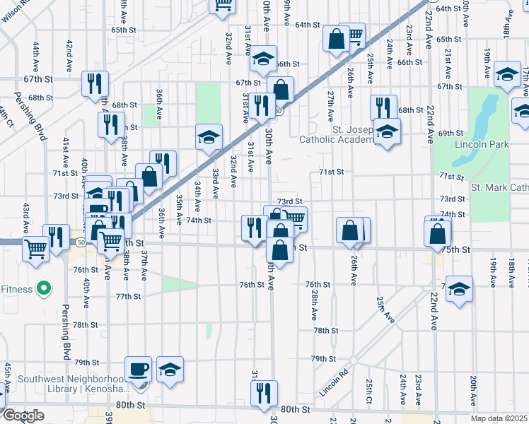 map of restaurants, bars, coffee shops, grocery stores, and more near 3013 74th Street in Kenosha
