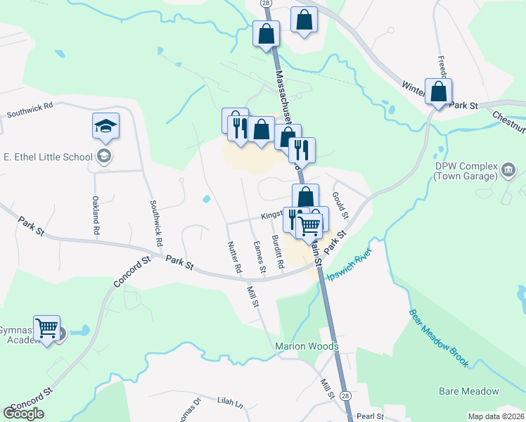 map of restaurants, bars, coffee shops, grocery stores, and more near 19 Eames Street in North Reading