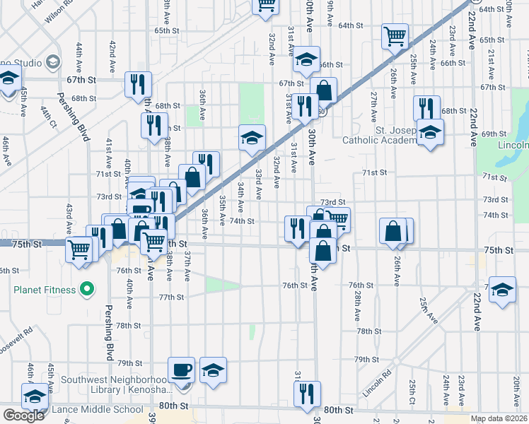 map of restaurants, bars, coffee shops, grocery stores, and more near 3205 74th Street in Kenosha