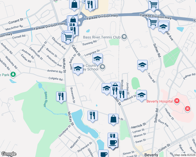map of restaurants, bars, coffee shops, grocery stores, and more near 8 Auburn Road in Beverly