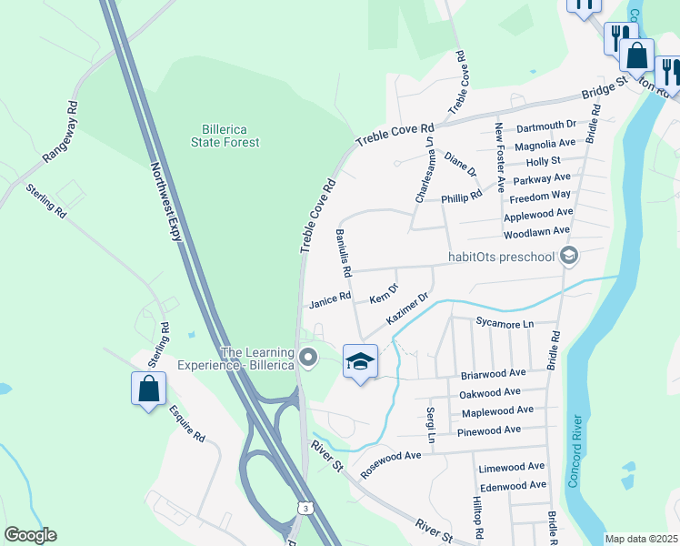 map of restaurants, bars, coffee shops, grocery stores, and more near 13 Janice Road in Billerica