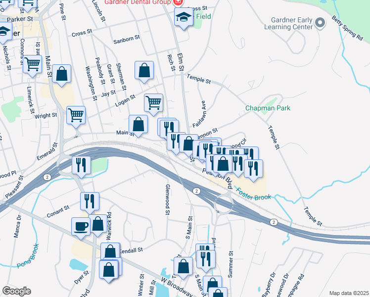 map of restaurants, bars, coffee shops, grocery stores, and more near 22 Union Square in Gardner