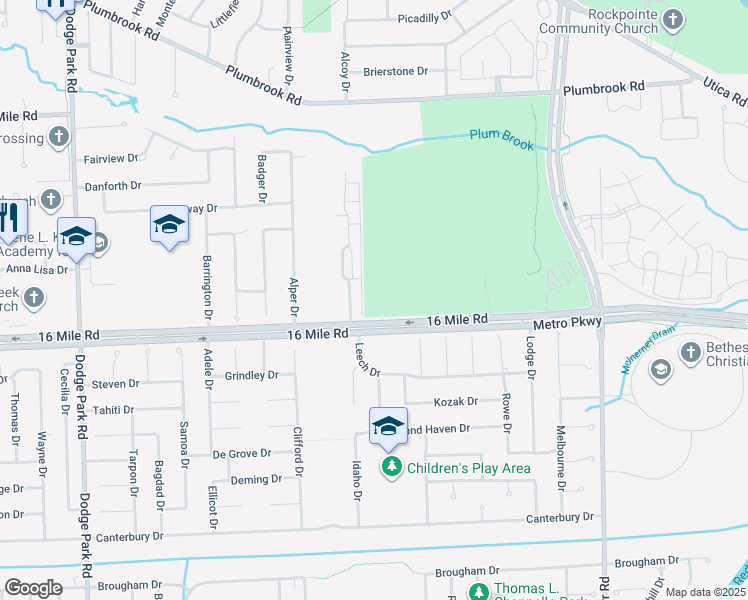 map of restaurants, bars, coffee shops, grocery stores, and more near 12723 16 Mile Road in Sterling Heights