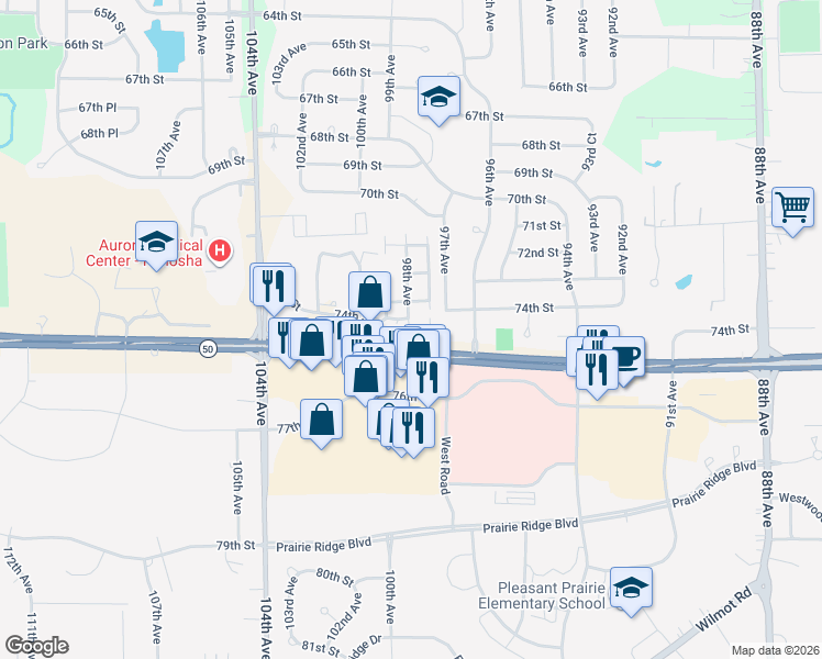 map of restaurants, bars, coffee shops, grocery stores, and more near 7410 99th Avenue in Kenosha