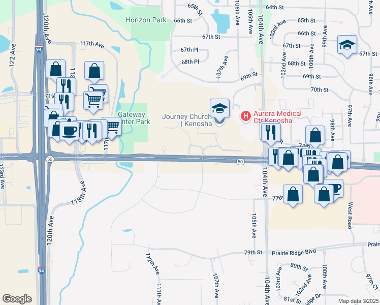 map of restaurants, bars, coffee shops, grocery stores, and more near 10927 75th Street in Kenosha