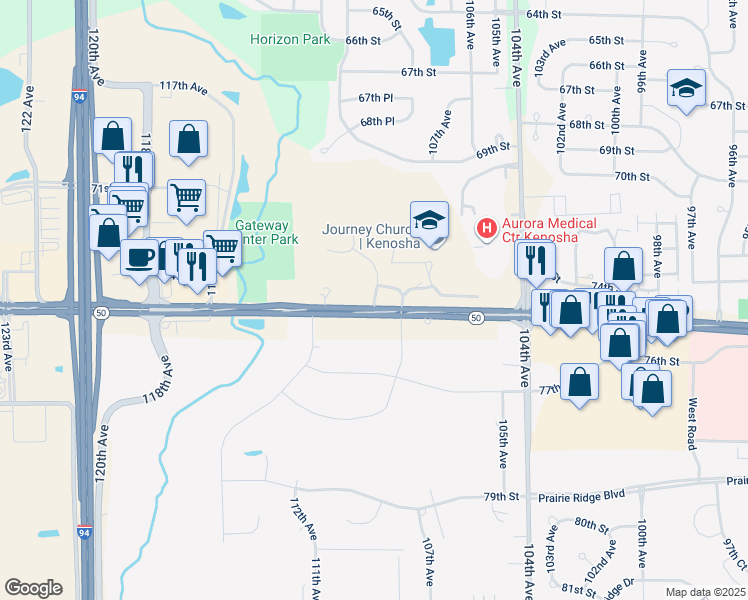 map of restaurants, bars, coffee shops, grocery stores, and more near 10927 75th Street in Kenosha