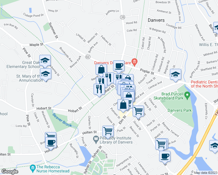 map of restaurants, bars, coffee shops, grocery stores, and more near 7 Hobart Street in Danvers