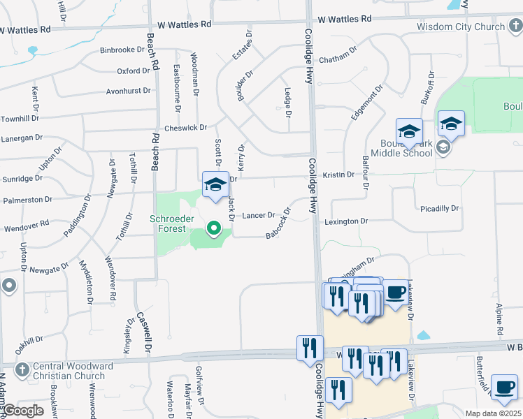 map of restaurants, bars, coffee shops, grocery stores, and more near 2106 Babcock Drive in Troy
