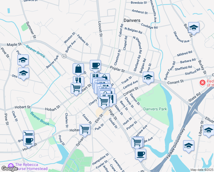 map of restaurants, bars, coffee shops, grocery stores, and more near 13 Oak Street in Danvers