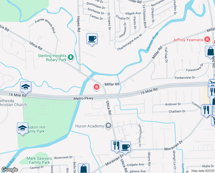 map of restaurants, bars, coffee shops, grocery stores, and more near 15577 Millar Road in Clinton Township