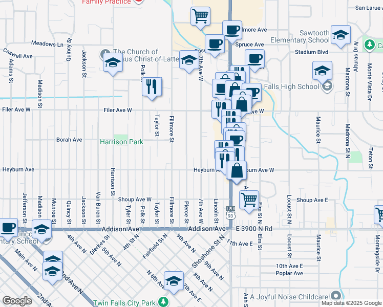 map of restaurants, bars, coffee shops, grocery stores, and more near 386-398 Pierce Street in Twin Falls