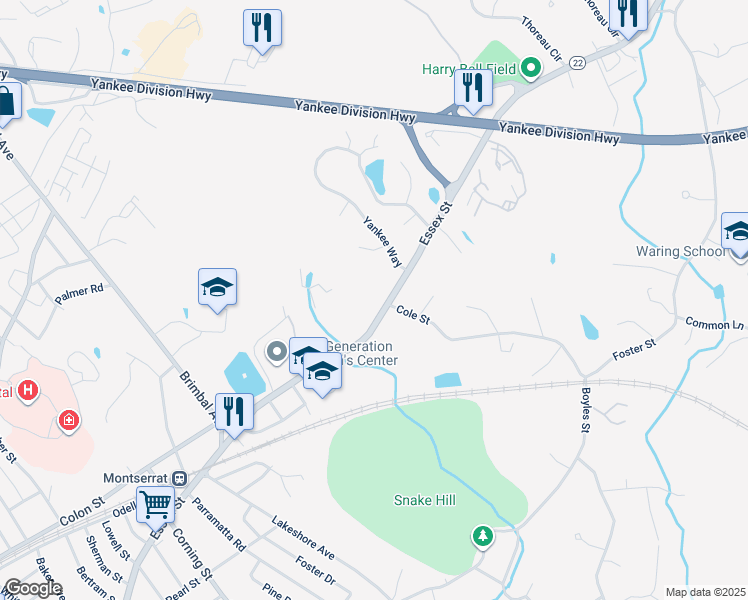 map of restaurants, bars, coffee shops, grocery stores, and more near 282 Essex Street in Beverly