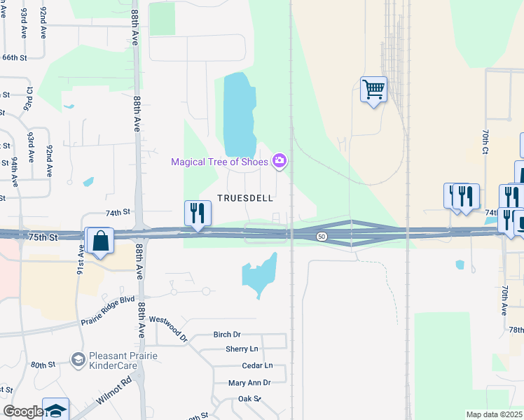 map of restaurants, bars, coffee shops, grocery stores, and more near 8010 75th Street in Kenosha